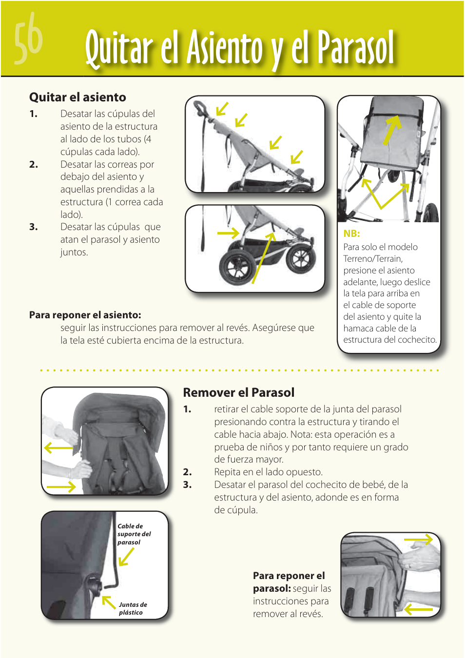 Quitar el asiento y el parasol | Mountain Buggy Buggy Range Outside Cove User Manual | Page 58 / 89