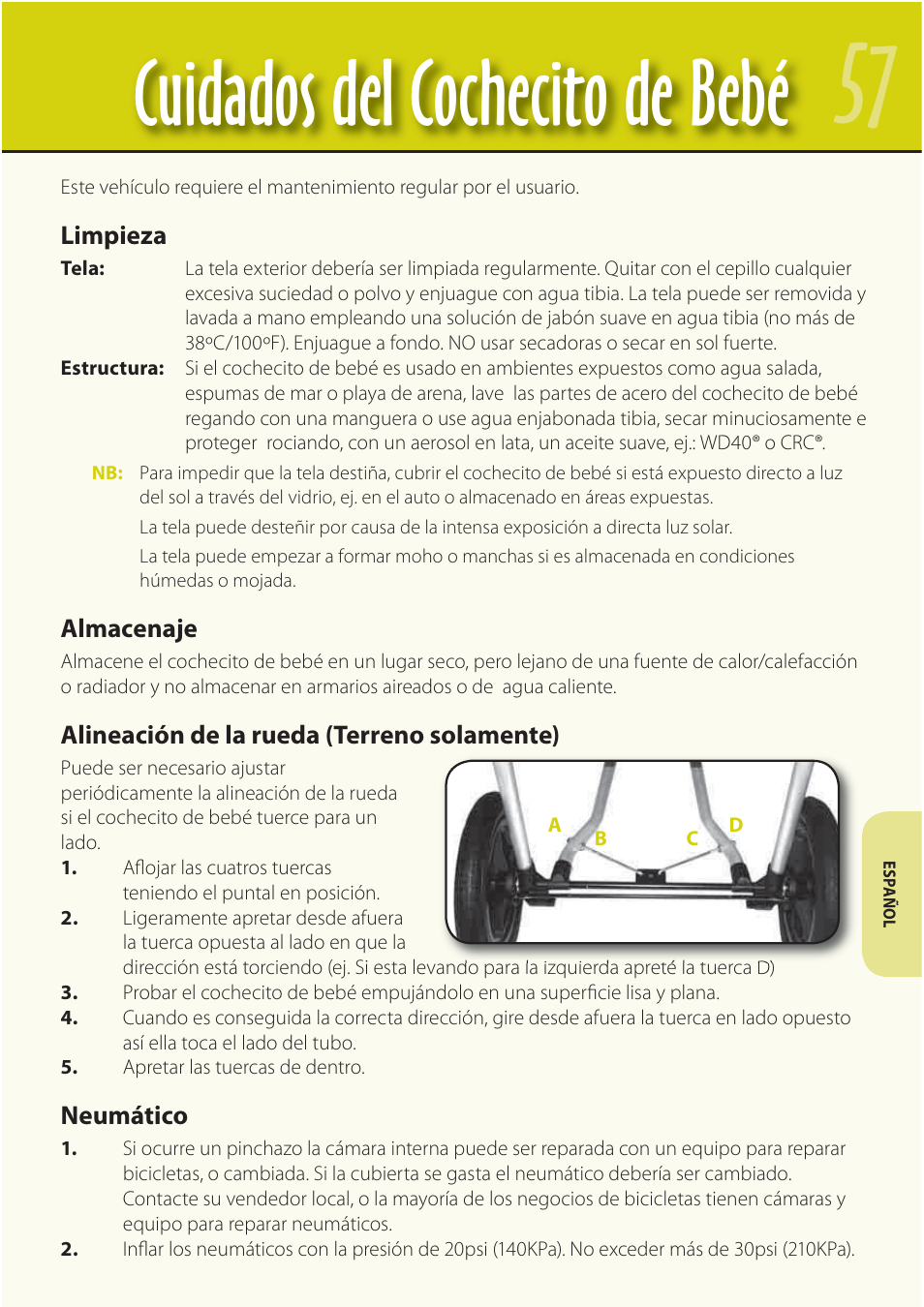 Cuidados del cochecito de bebé | Mountain Buggy Buggy Range Outside Cove User Manual | Page 59 / 89