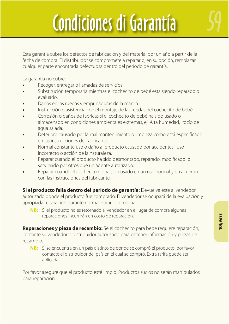 Condiciones di garantía | Mountain Buggy Buggy Range Outside Cove User Manual | Page 61 / 89