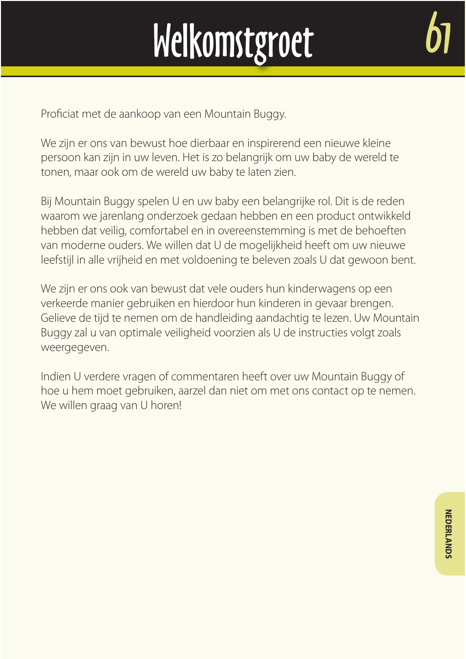 Welkomstgroet | Mountain Buggy Buggy Range Outside Cove User Manual | Page 63 / 89