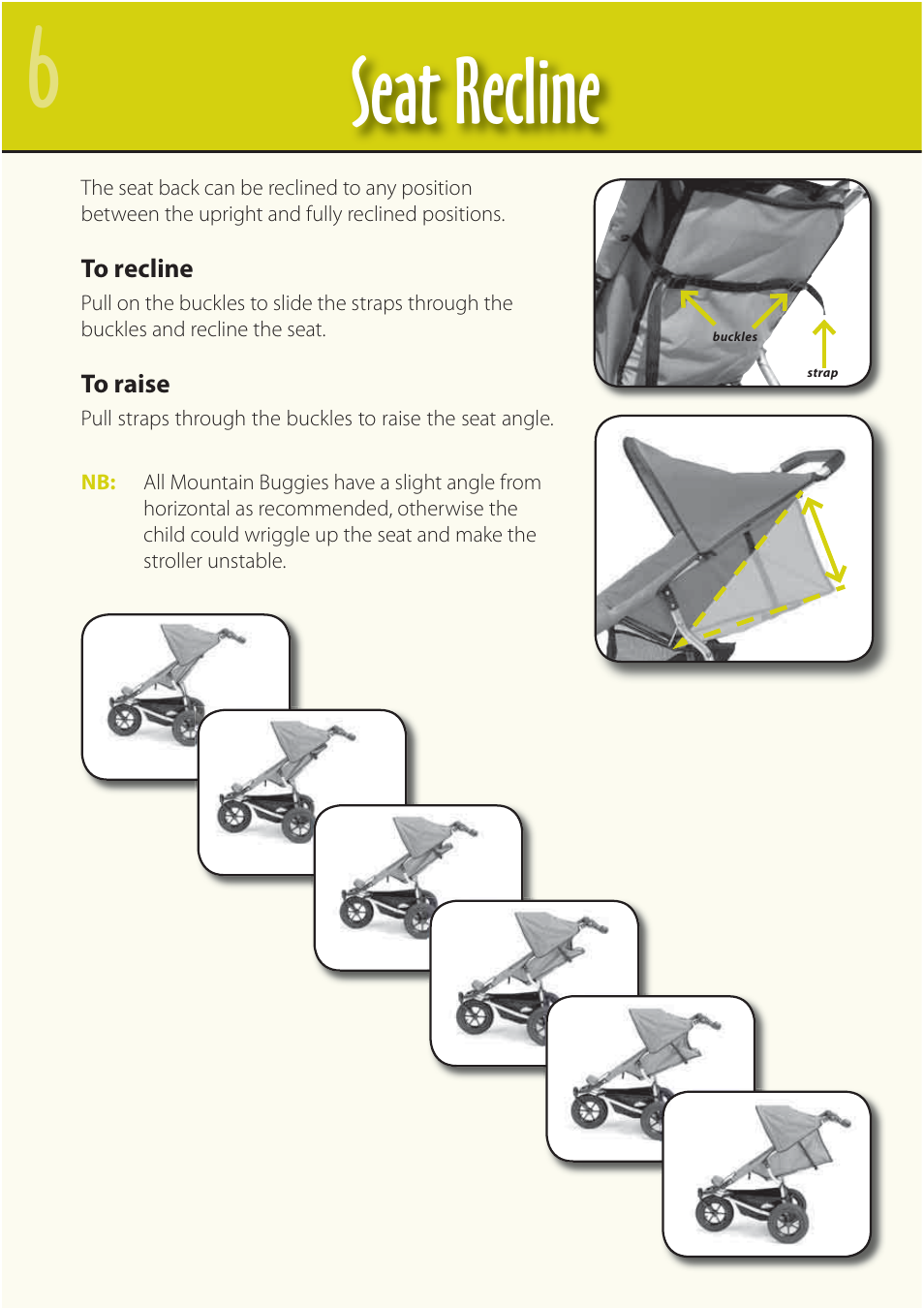 Seat recline | Mountain Buggy Buggy Range Outside Cove User Manual | Page 8 / 89