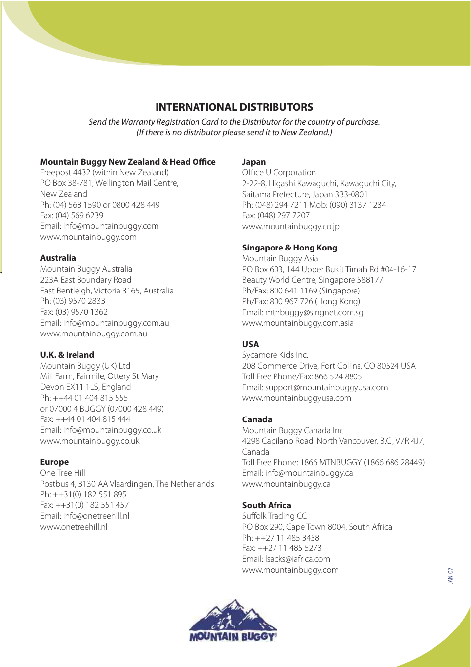 International distributors | Mountain Buggy Buggy Range Outside Cove User Manual | Page 87 / 89