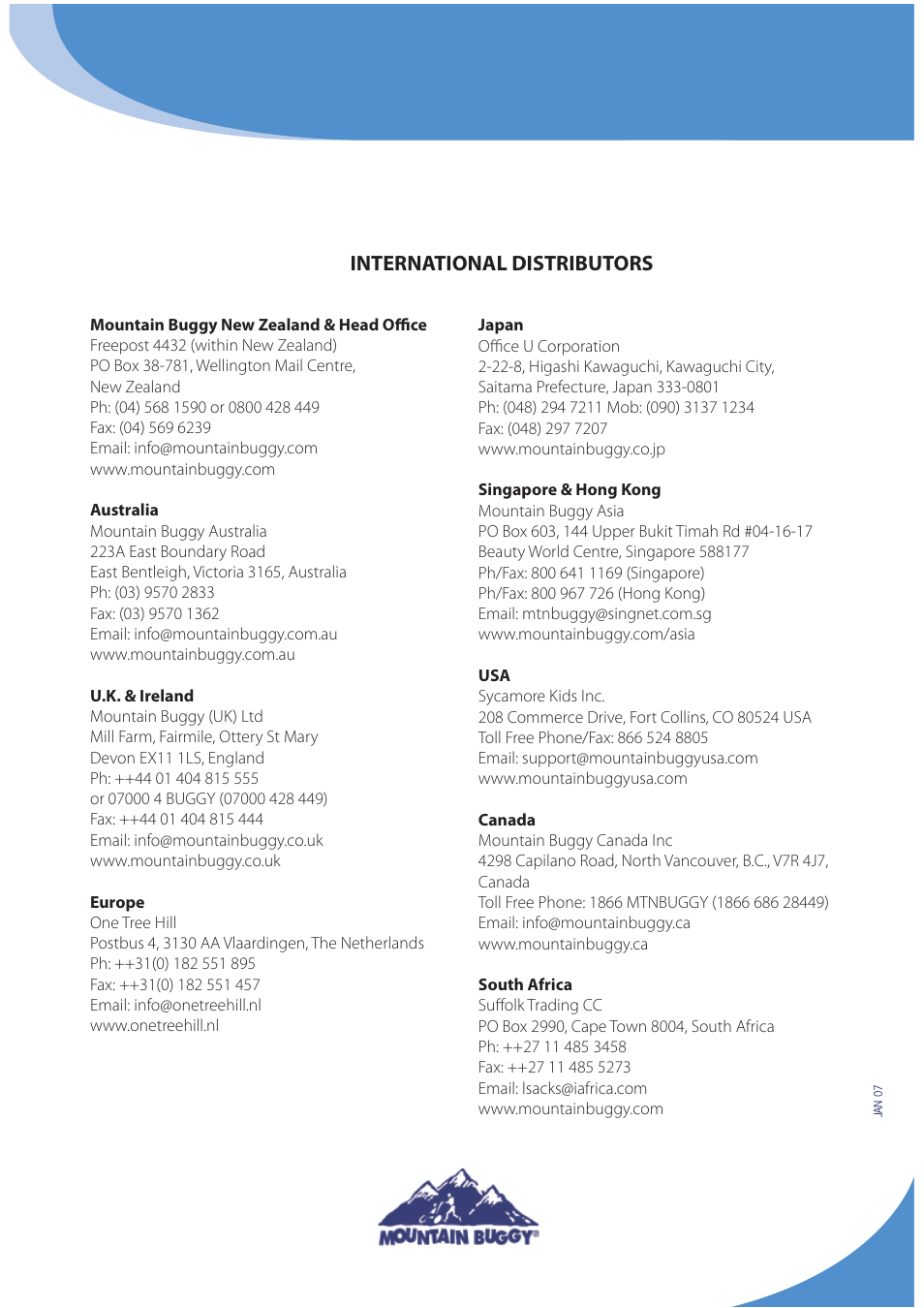 International distributors | Mountain Buggy Strollers User Manual | Page 14 / 14