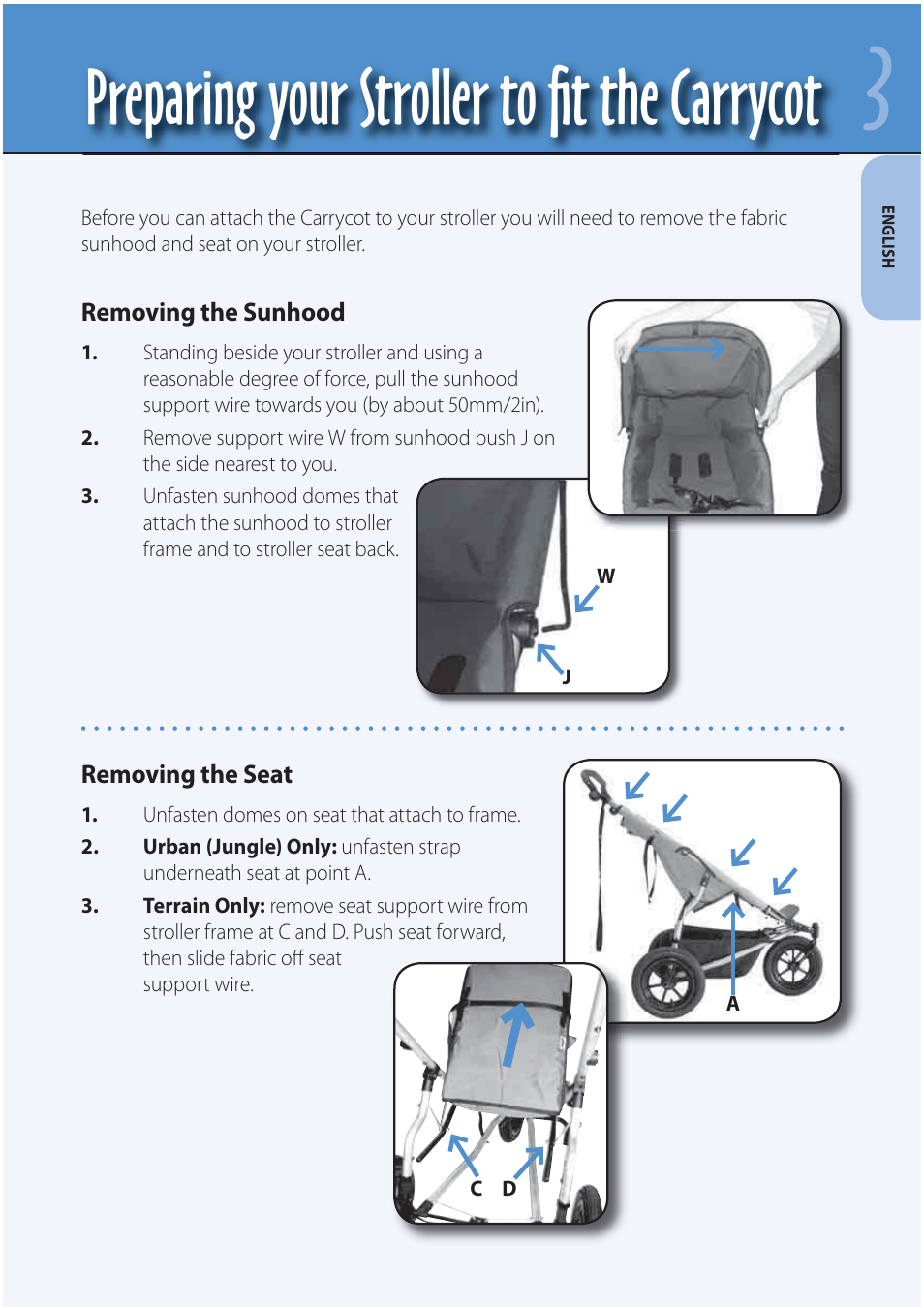 Preparing your stroller to ﬁ t the carrycot | Mountain Buggy Strollers User Manual | Page 5 / 14