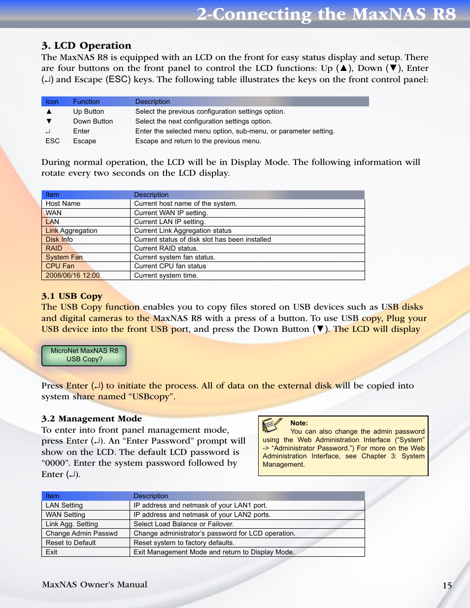 Connecting the maxnas r8, Lcd operation | MicroNet Technology MAXNAS R8 User Manual | Page 15 / 84