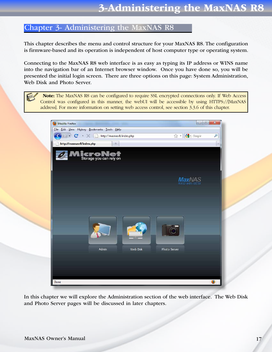 Administering the maxnas r8, Chapter 3- administering the maxnas r8 | MicroNet Technology MAXNAS R8 User Manual | Page 17 / 84