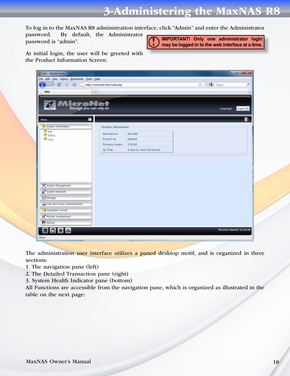 Administering the maxnas r8 | MicroNet Technology MAXNAS R8 User Manual | Page 18 / 84