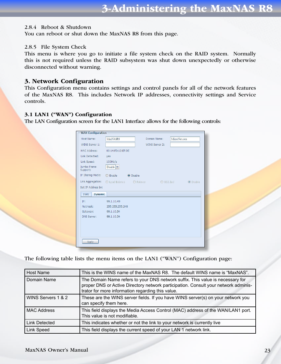 Administering the maxnas r8, Network configuration | MicroNet Technology MAXNAS R8 User Manual | Page 23 / 84