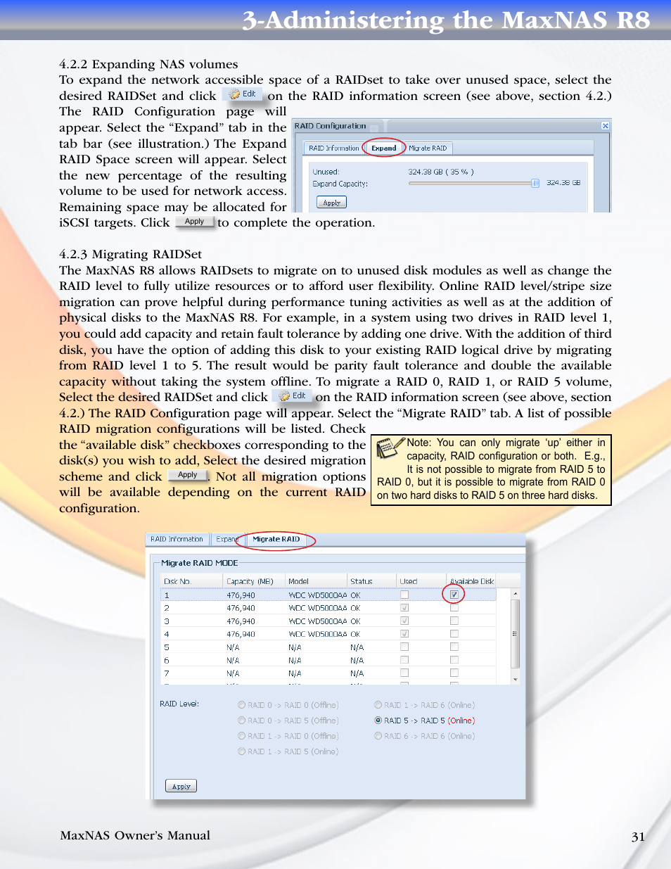 Administering the maxnas r8 | MicroNet Technology MAXNAS R8 User Manual | Page 31 / 84