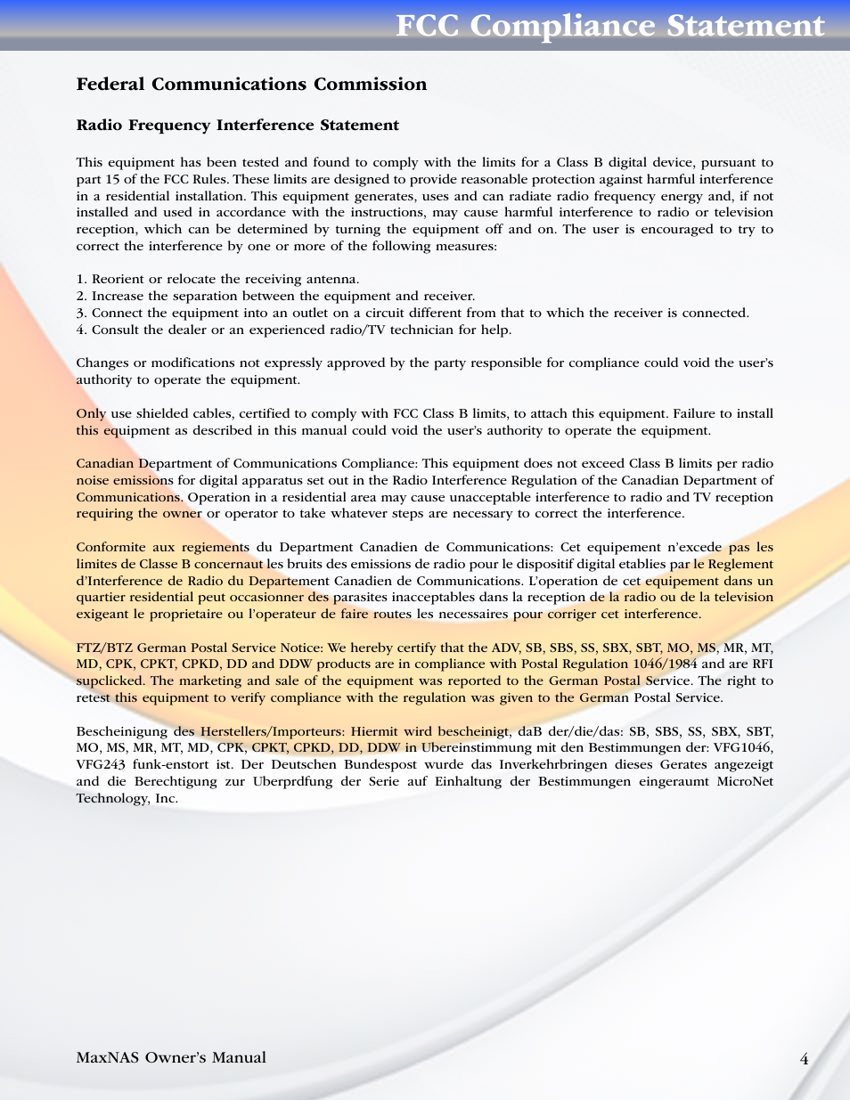 Fcc compliance statement | MicroNet Technology MAXNAS R8 User Manual | Page 4 / 84