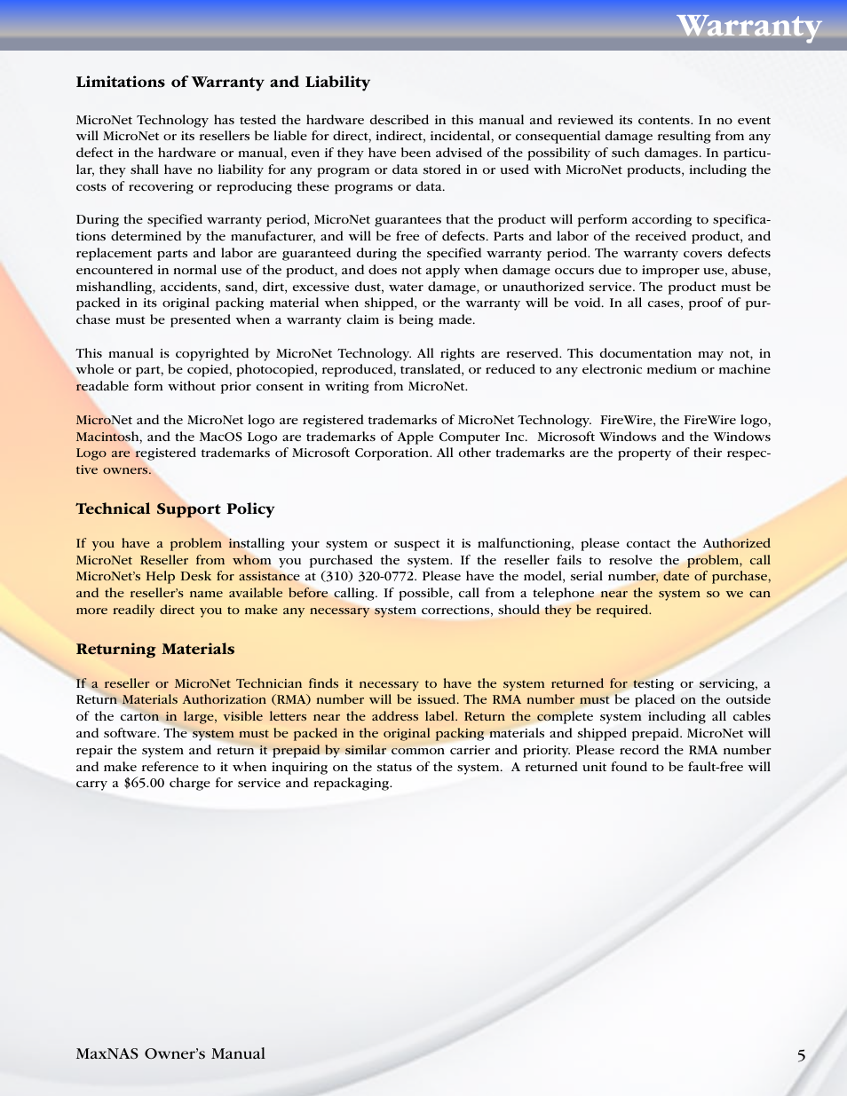 Warranty | MicroNet Technology MAXNAS R8 User Manual | Page 5 / 84