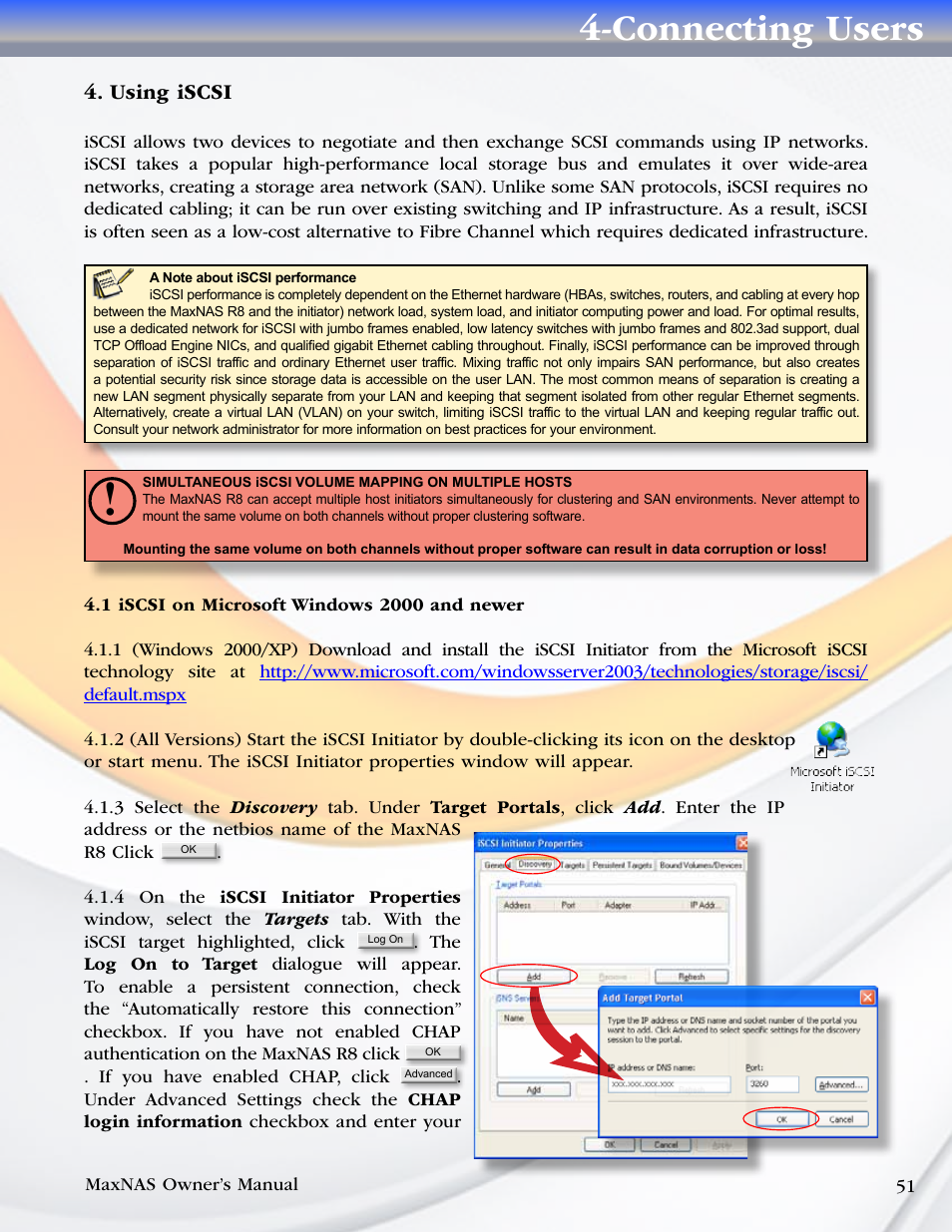 Connecting users, Using iscsi | MicroNet Technology MAXNAS R8 User Manual | Page 51 / 84