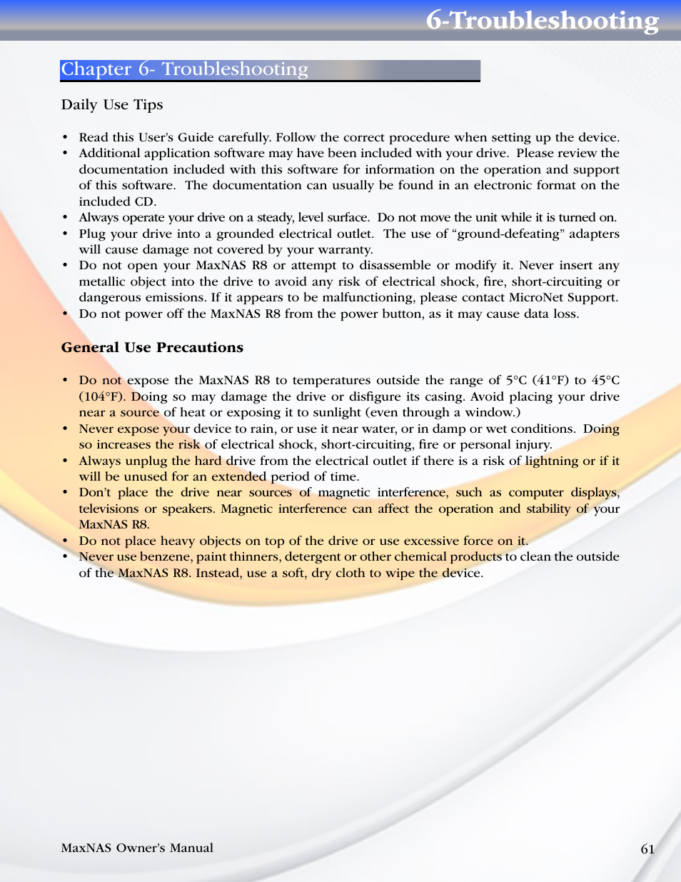 Troubleshooting, Chapter 6- troubleshooting | MicroNet Technology MAXNAS R8 User Manual | Page 61 / 84