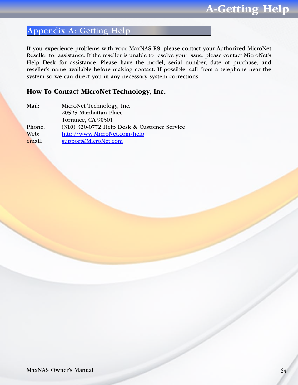 A-getting help, Appendix a: getting help | MicroNet Technology MAXNAS R8 User Manual | Page 64 / 84