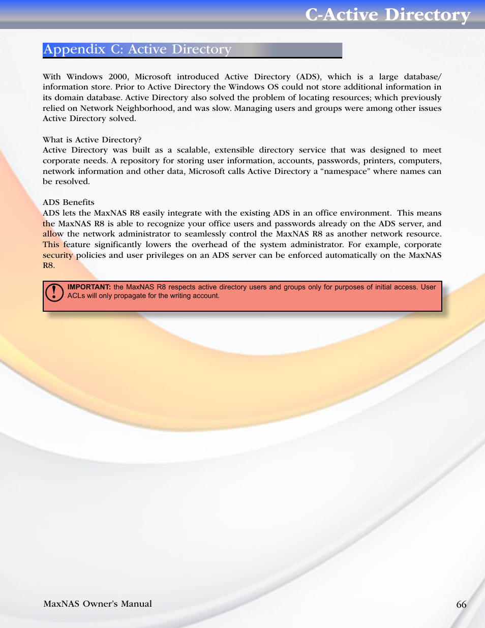 C-active directory, Appendix c: active directory | MicroNet Technology MAXNAS R8 User Manual | Page 66 / 84
