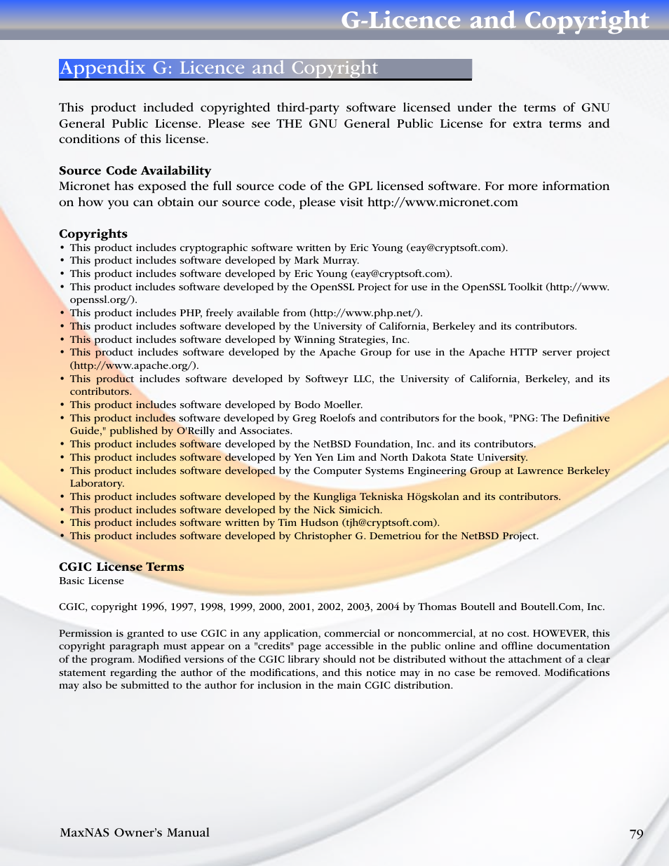 G-licence and copyright, Appendix g: licence and copyright | MicroNet Technology MAXNAS R8 User Manual | Page 79 / 84