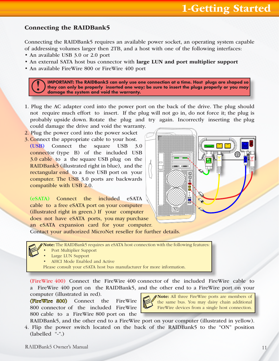 Getting started, Connecting the raidbank5 | MicroNet Technology RAIDBANK 5 User Manual | Page 11 / 48