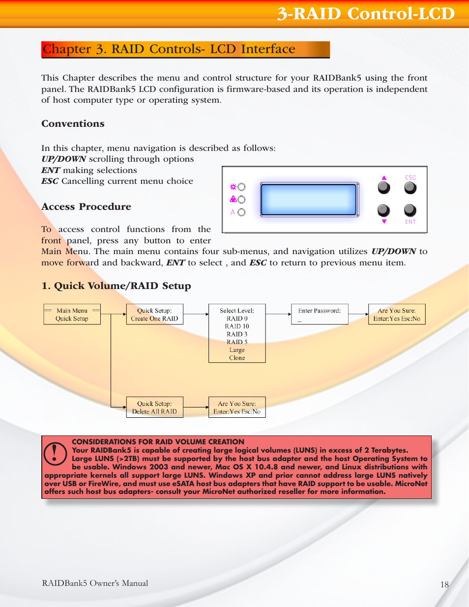 Raid control-lcd, Chapter 3. raid controls- lcd interface | MicroNet Technology RAIDBANK 5 User Manual | Page 18 / 48