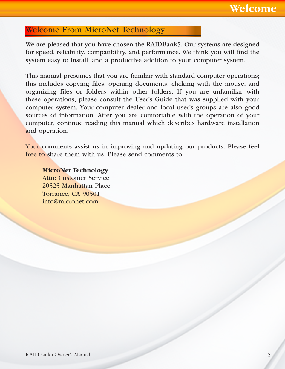 Welcome, Welcome from micronet technology | MicroNet Technology RAIDBANK 5 User Manual | Page 2 / 48