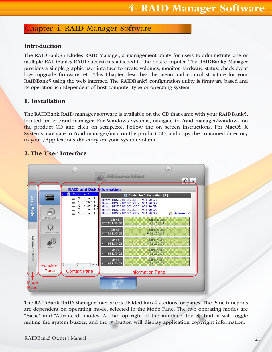 Raid manager software, Chapter 4. raid manager software | MicroNet Technology RAIDBANK 5 User Manual | Page 21 / 48