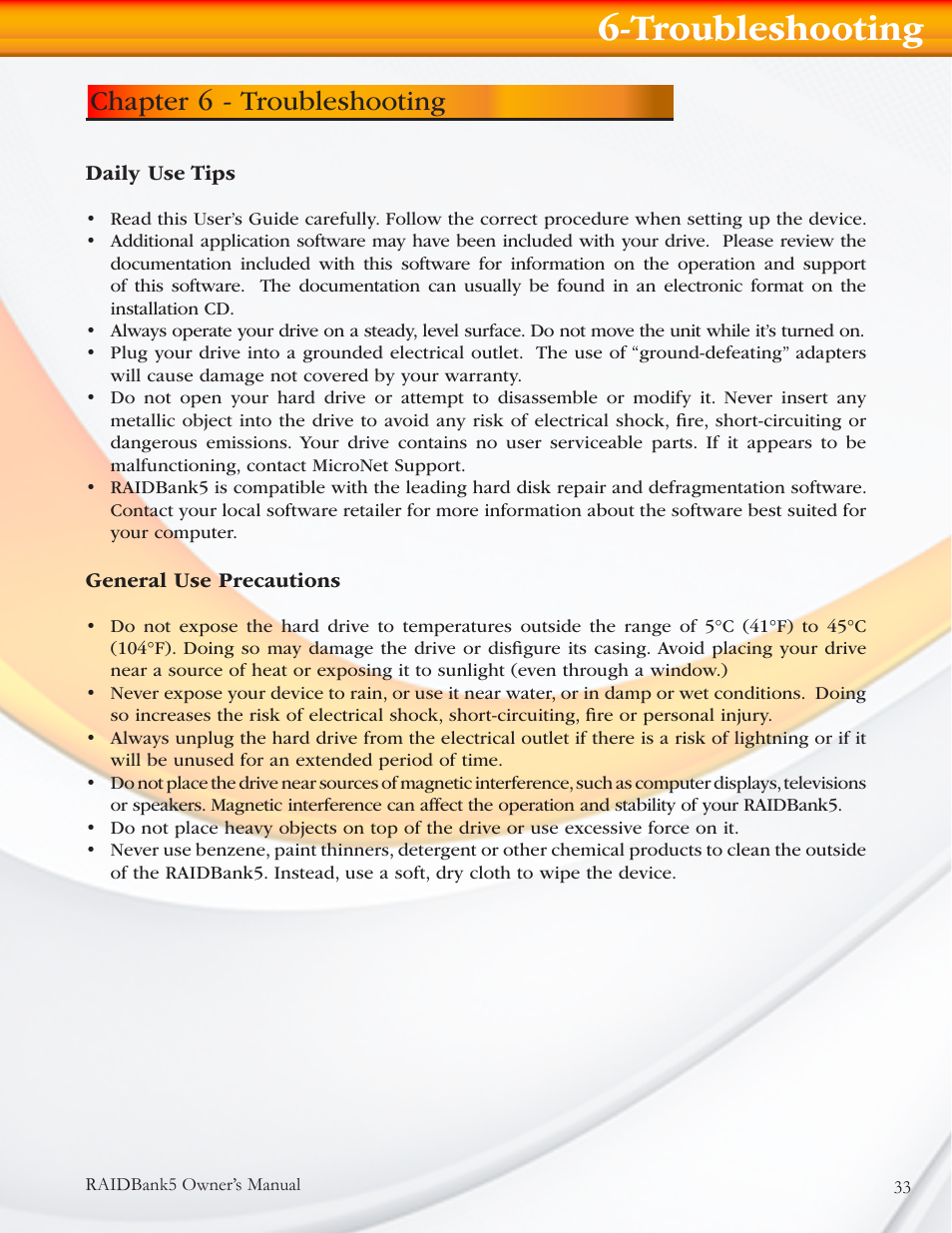 Troubleshooting, Chapter 6 - troubleshooting | MicroNet Technology RAIDBANK 5 User Manual | Page 33 / 48
