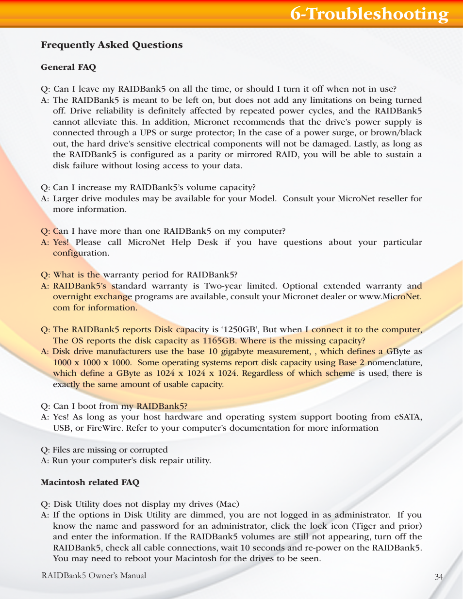 Troubleshooting | MicroNet Technology RAIDBANK 5 User Manual | Page 34 / 48