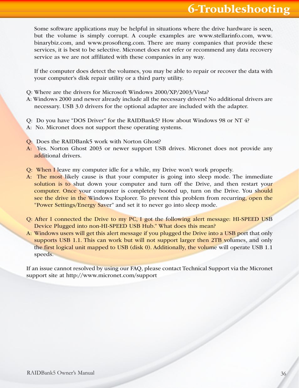 Troubleshooting | MicroNet Technology RAIDBANK 5 User Manual | Page 36 / 48