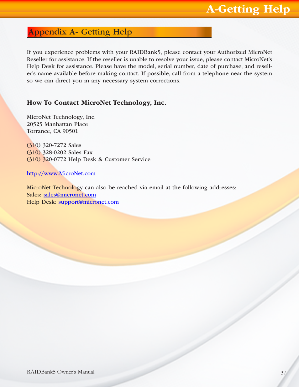 A-getting help, Appendix a- getting help | MicroNet Technology RAIDBANK 5 User Manual | Page 37 / 48