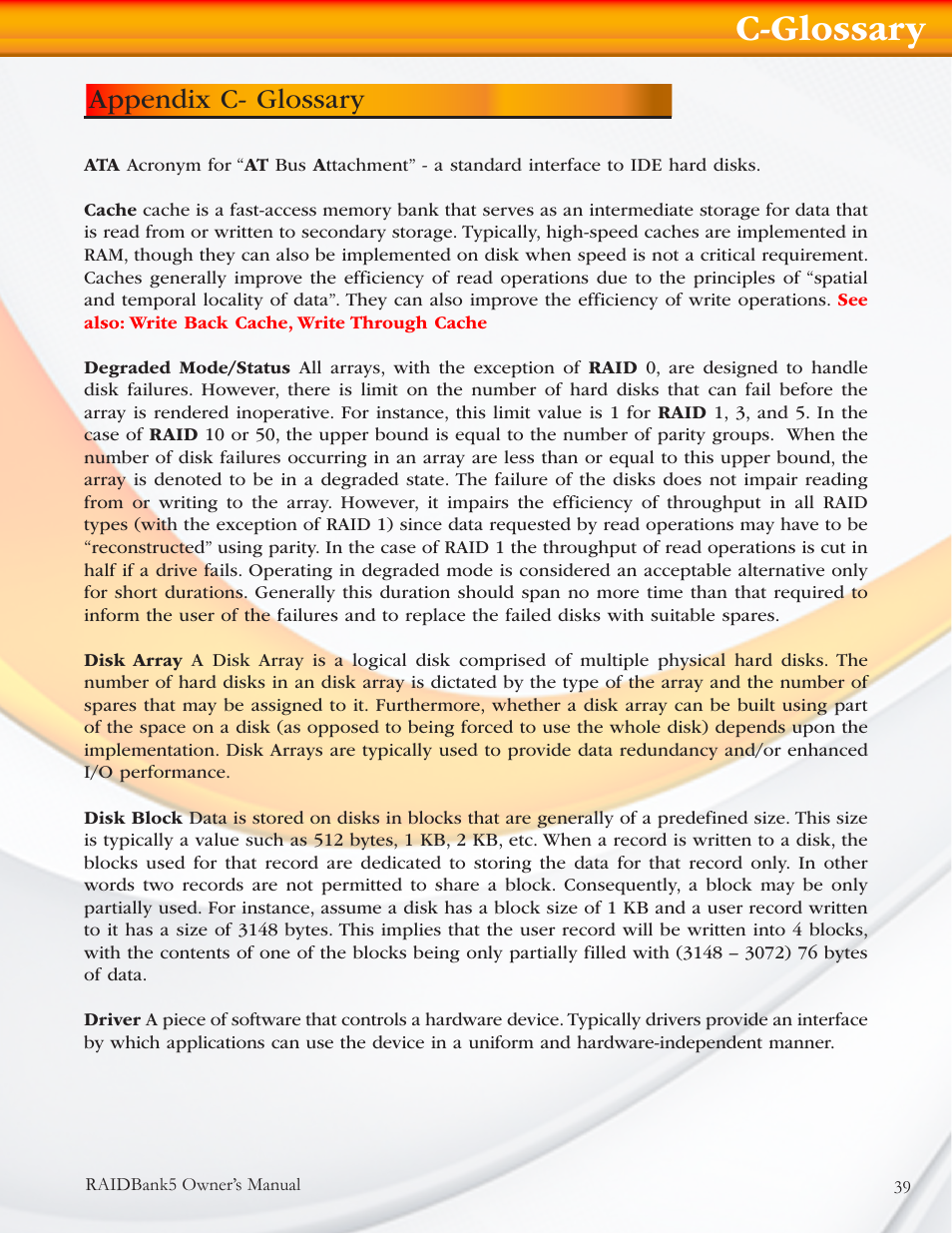 C-glossary, Appendix c- glossary | MicroNet Technology RAIDBANK 5 User Manual | Page 39 / 48