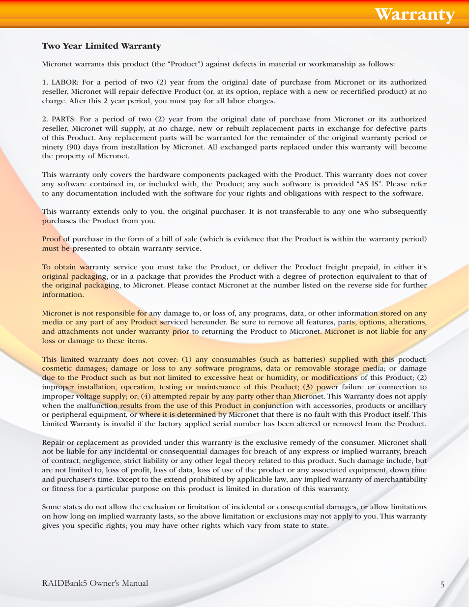 Warranty | MicroNet Technology RAIDBANK 5 User Manual | Page 5 / 48