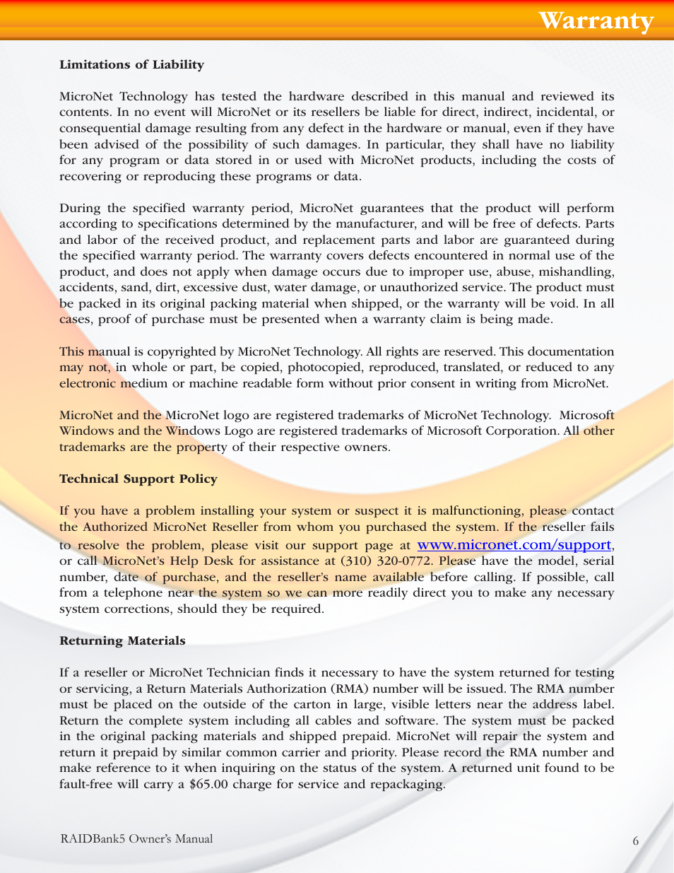 Warranty | MicroNet Technology RAIDBANK 5 User Manual | Page 6 / 48