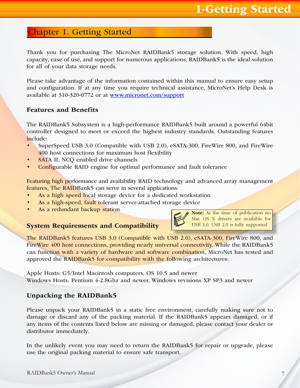 Getting started, Chapter 1. getting started | MicroNet Technology RAIDBANK 5 User Manual | Page 7 / 48