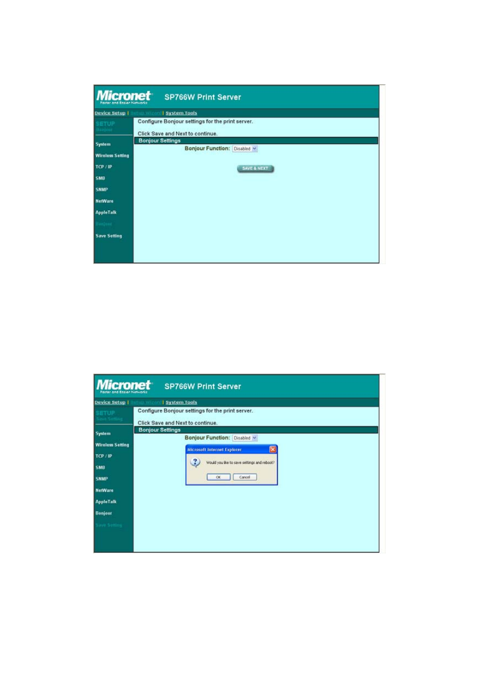 8 bonjour, 9 save settings | MicroNet Technology SP766W User Manual | Page 101 / 137