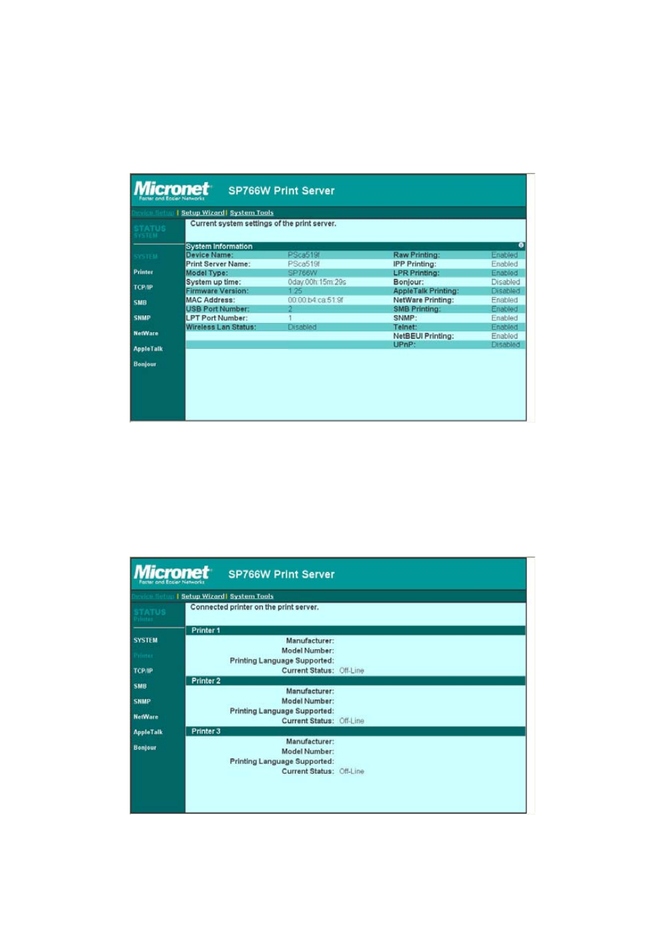 3 device status, 1 system, 2 printer | MicroNet Technology SP766W User Manual | Page 83 / 137