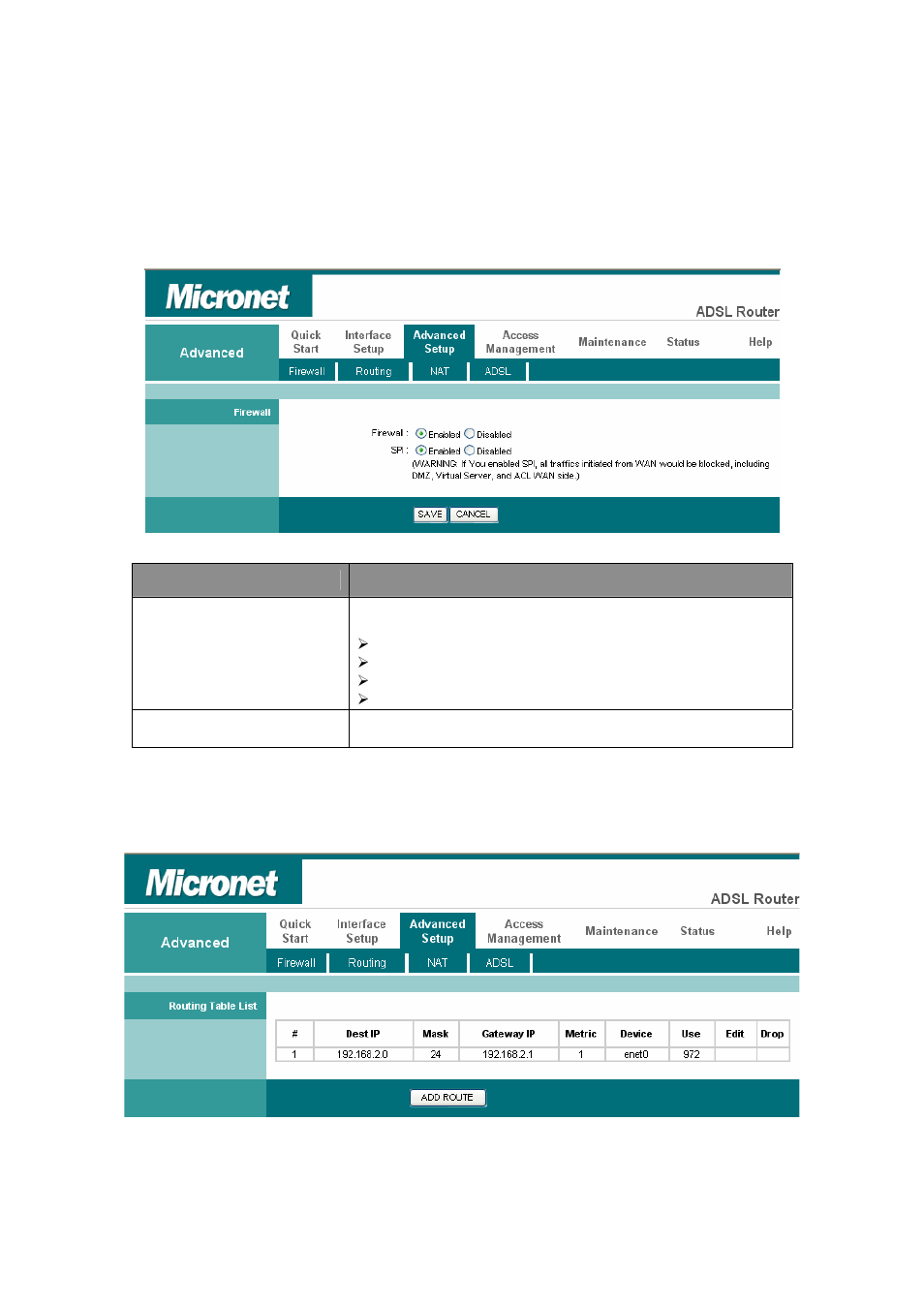 3 advanced setup, 1 firewall, 2 routing | Advanced setup | MicroNet Technology SP3367N User Manual | Page 34 / 57