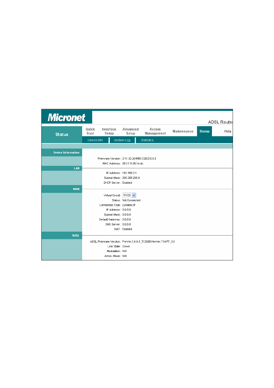 6 status, 1 device info, 2 system log | Status | MicroNet Technology SP3367N User Manual | Page 50 / 57