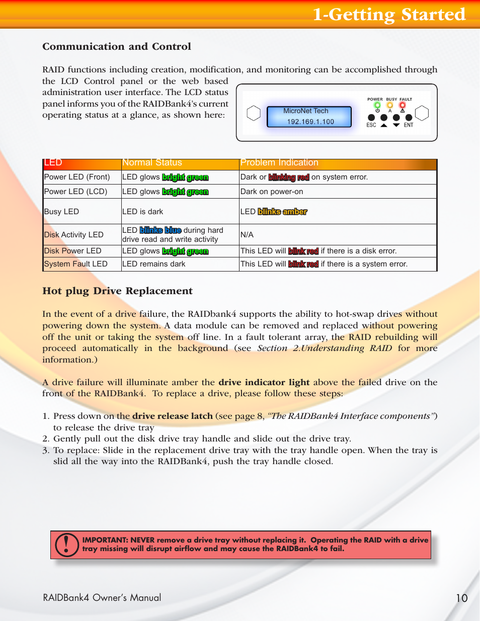 Getting started, Communication and control, Hot plug drive replacement | MicroNet Technology Network Device RAIDBank4 User Manual | Page 10 / 66