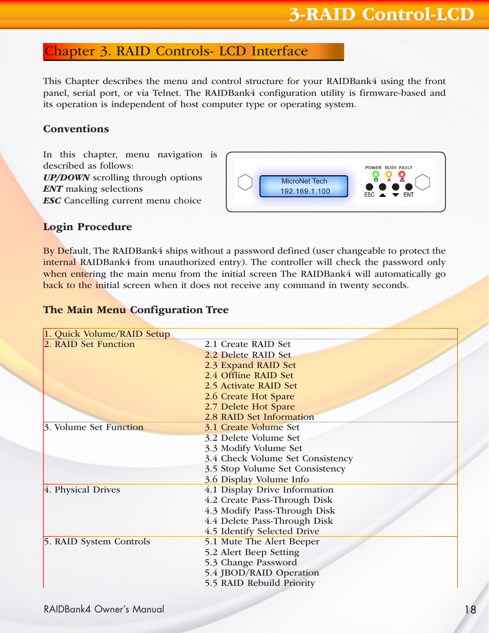 Raid control-lcd, Chapter 3. raid controls- lcd interface | MicroNet Technology Network Device RAIDBank4 User Manual | Page 18 / 66