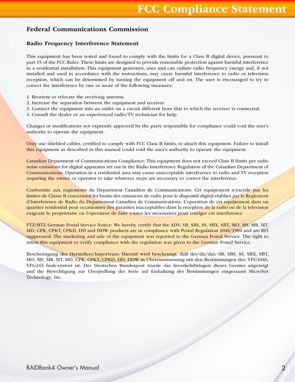 Fcc compliance statement | MicroNet Technology Network Device RAIDBank4 User Manual | Page 2 / 66