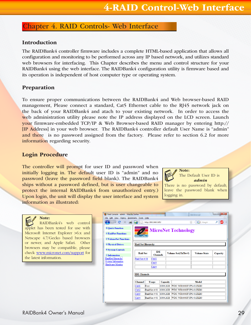 Raid control-web interface, Chapter 4. raid controls- web interface | MicroNet Technology Network Device RAIDBank4 User Manual | Page 29 / 66