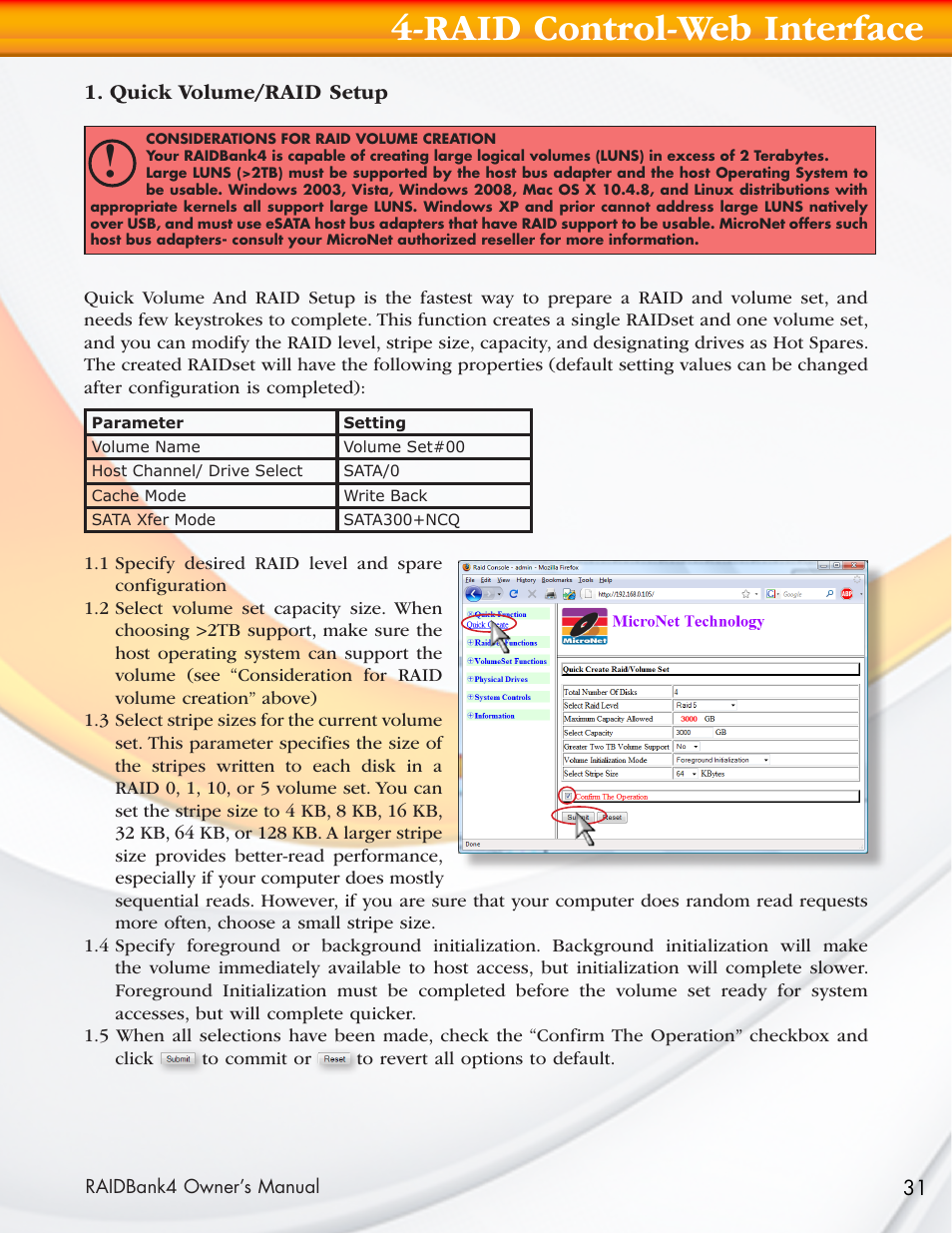 Raid control-web interface | MicroNet Technology Network Device RAIDBank4 User Manual | Page 31 / 66