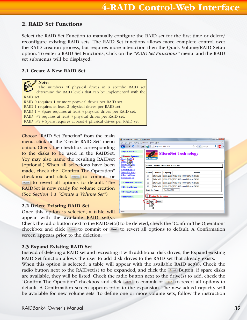 Raid control-web interface | MicroNet Technology Network Device RAIDBank4 User Manual | Page 32 / 66