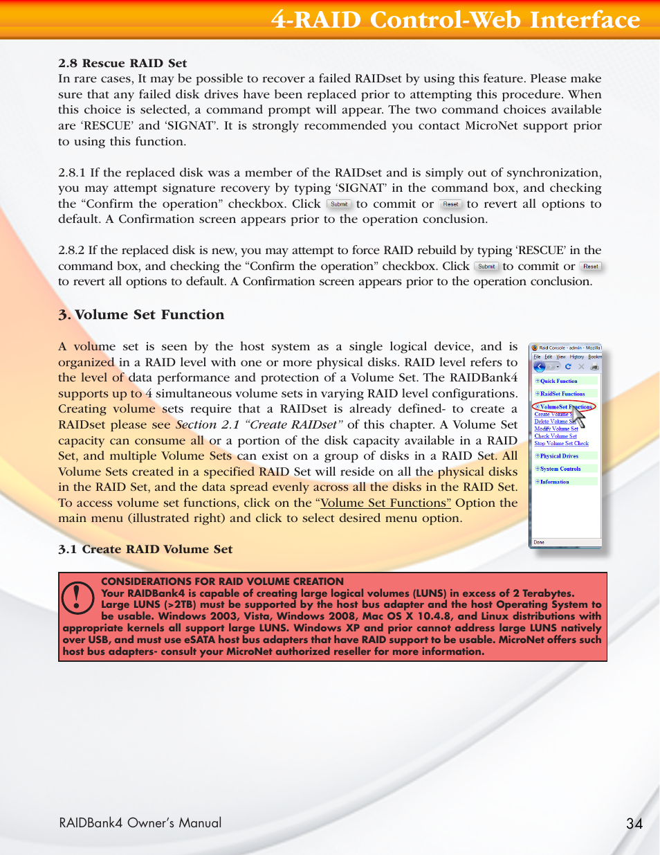Raid control-web interface | MicroNet Technology Network Device RAIDBank4 User Manual | Page 34 / 66