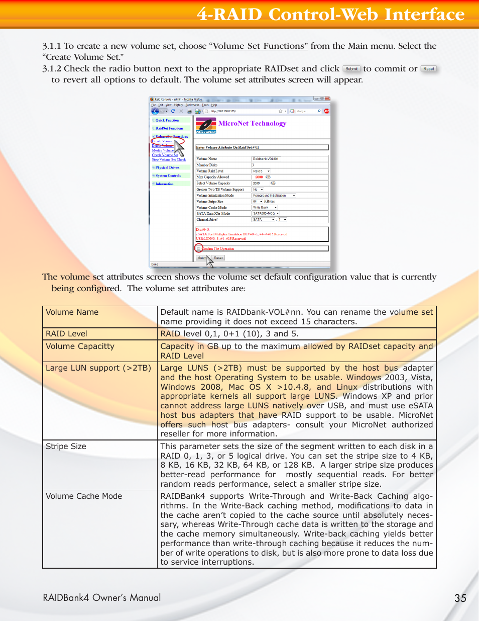Raid control-web interface | MicroNet Technology Network Device RAIDBank4 User Manual | Page 35 / 66