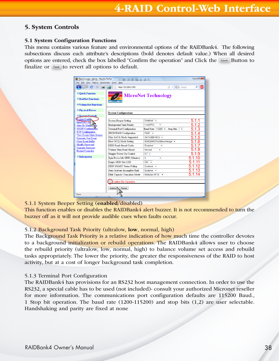 Raid control-web interface, System controls | MicroNet Technology Network Device RAIDBank4 User Manual | Page 38 / 66