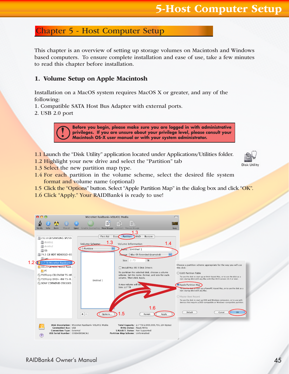 Host computer setup, Chapter 5 - host computer setup | MicroNet Technology Network Device RAIDBank4 User Manual | Page 45 / 66