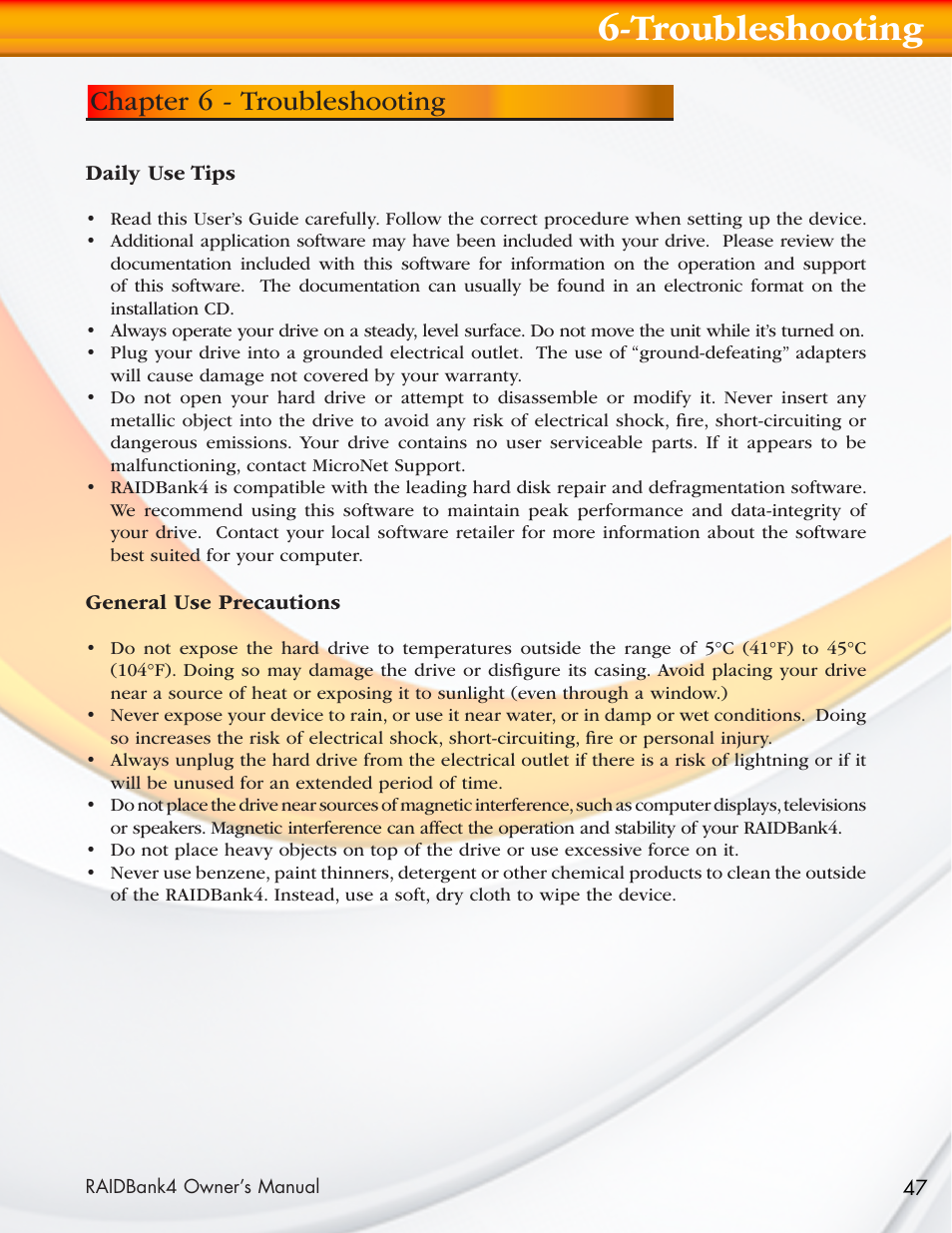 Troubleshooting, Chapter 6 - troubleshooting | MicroNet Technology Network Device RAIDBank4 User Manual | Page 47 / 66