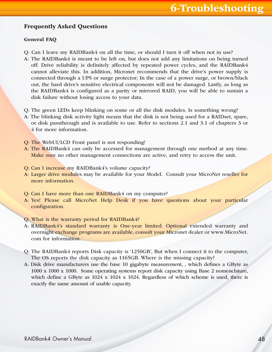 Troubleshooting | MicroNet Technology Network Device RAIDBank4 User Manual | Page 48 / 66