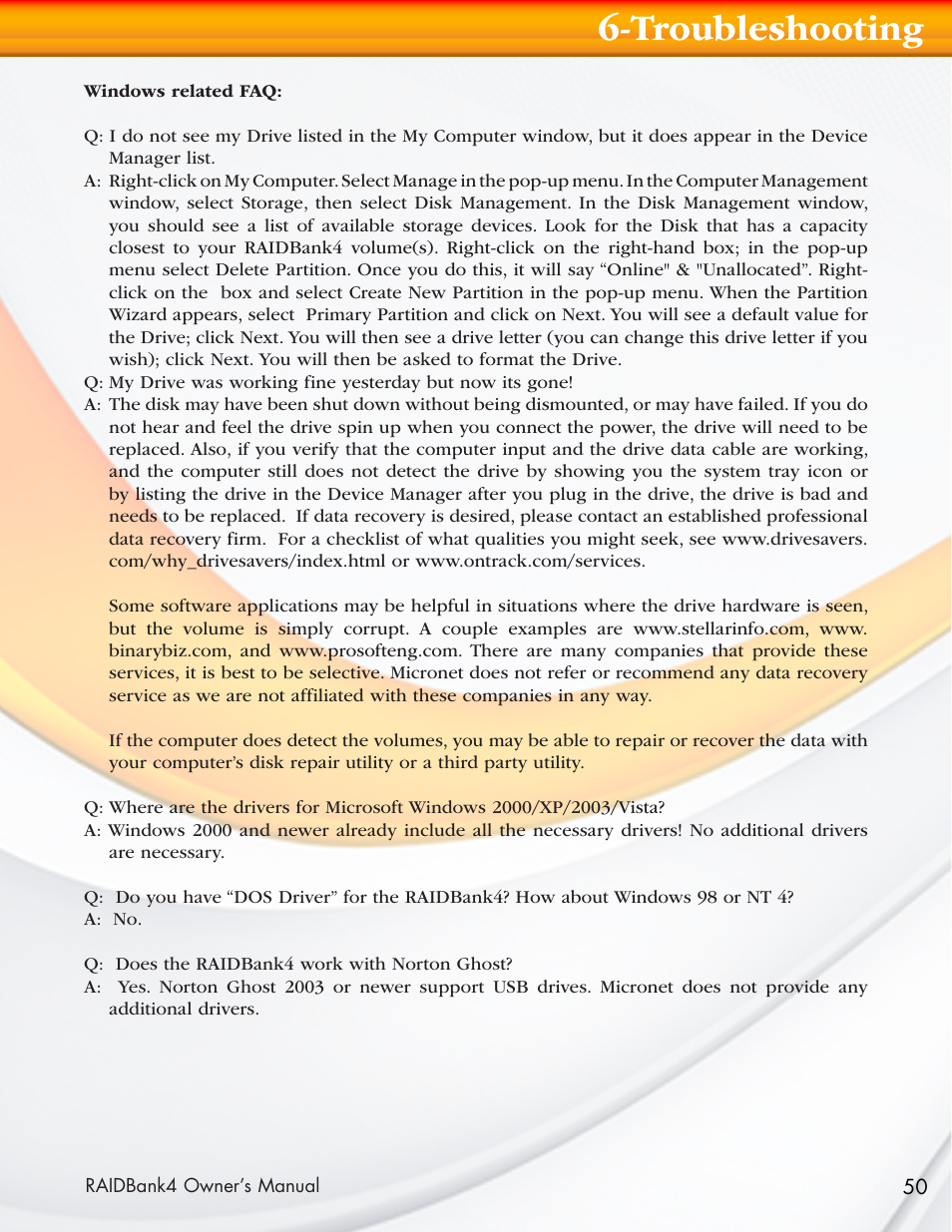 Troubleshooting | MicroNet Technology Network Device RAIDBank4 User Manual | Page 50 / 66