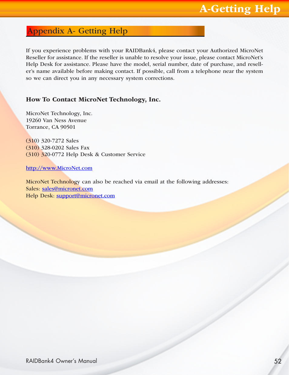 A-getting help, Appendix a- getting help | MicroNet Technology Network Device RAIDBank4 User Manual | Page 52 / 66